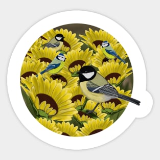 Titmice and Sunflowers Illustration Sticker